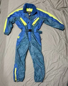 Ellesse Ski Snowsuit One Piece Blue/Green Bib Jumpsuit Vintage Retro Mens Med - Picture 1 of 16