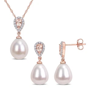 AMOUR 1/5 CT TW Diamond and 3/4 CT TGW Morganite with 9-9.5 Mm White Freshwater - Picture 1 of 4