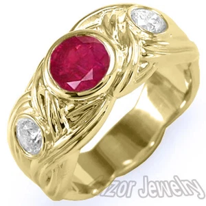 Men's Ring 18k Solid Yellow Gold Genuine Ruby And Diamond Ring size 6 to 14 - Picture 1 of 4
