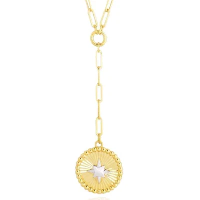 Collar Lariat Medallón Estrella Dos Tonos Oro Amarillo Blanco 14K Sólido 18" Foto 1 de 4