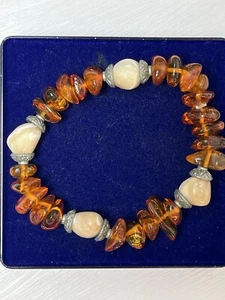 Vintage Natural Baltic Amber Nugget & Shell Bead Stretch Bracelet Bohemian - Picture 1 of 12