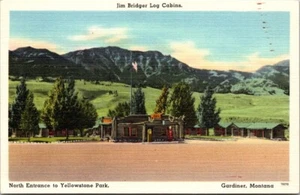 Leinen Postkarte - Jim Bridger Blockhäuser, Yellowstone, Gärtner, MT - US Flagge UNP - Bild 1 von 2
