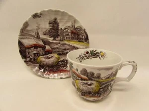 Yorkshire by Staffordshire Cup& Saucer Farm Scene/Multic Accents b327 & s245 - Picture 1 of 2
