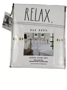 Juego de sábanas Rae Dunn blancas bordadas 100 % algodón percal 4 piezas Queen relax nuevo - Imagen 1 de 5
