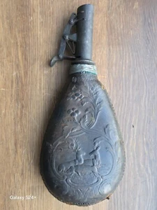 Antique Civil War Period Leather & Brass Powder Horn Flask Hunting embossed deer - Picture 1 of 8