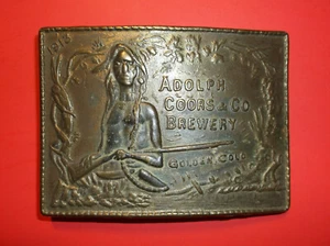 ADOLPH COORS BREWERY VINTAGE BELT BUCKLE - 1913 BRASS WITH INDIAN - Picture 1 of 3