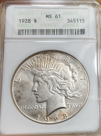 1928 p Peace Silver Dollar ANACS MS61 Old Soapbox Holder! - Solid Grade Cover