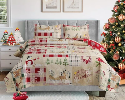 Juego de edredón de Navidad tamaño king 3 piezas colcha reversible muñeco de nieve Foto 1 de 4