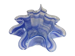 VINTAGE MURANO ART GLASS BOWL (WAVE PATTERN BLUE/CLEAR  7 5/8 x 12 3/4 in - Picture 1 of 8