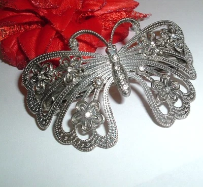 SILVER and WHITE RHINESTONE FLORAL BUTTERFLY HAIR BARRETTE NWT - Image 1 of 3