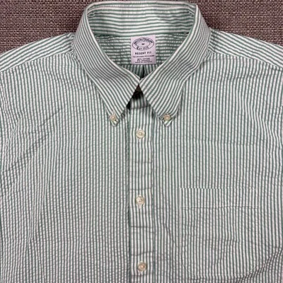 Brooks Brothers Men's Shirt M Short Sleeve White Green Striped Regent Fit Polo - Image 1 of 4