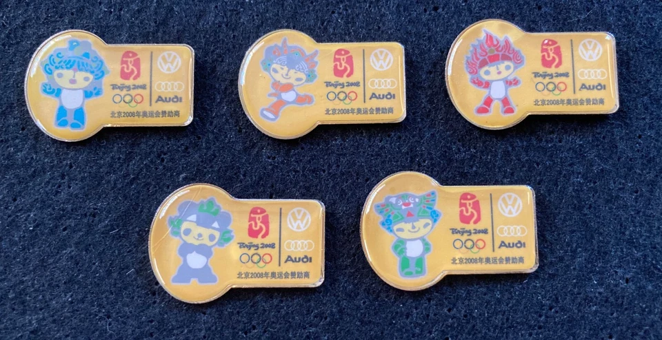 VW AUDI BEIJING 2008 OLYMPIC MASCOTS 5 PINS SET- 2026 MILANO-CORTINA TRADER - Image 1 of 1
