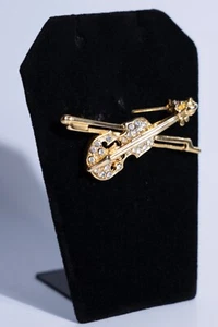 Vintage Gold Tone Violin with Sparkling Rhinestones Brooch Pin 2" Music - Picture 1 of 3