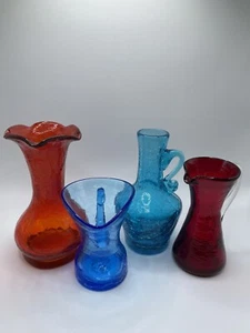 Hand Blown Crackle Glass Vintage Lot of 4 Red & Blue - Picture 1 of 20