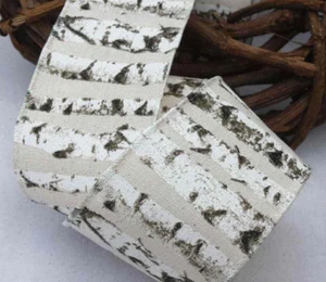 1m 65mm NATURAL WIRED CHRISTMAS RIBBON SCANDI WINTER BIRCH FOREST TREE BOW GIFT - Picture 1 of 3