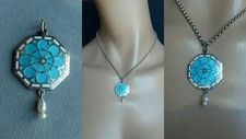 JJDE Antik Schmuck Ketten Anhänger Emaille Perle versilbert um 1915 Design 