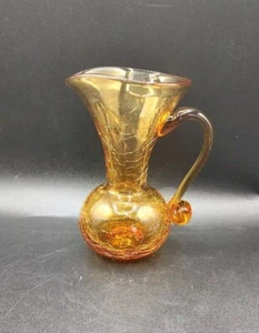 Vtg Hand Crafted Yellow Orange Crackle Glass Creamer - Picture 1 of 6