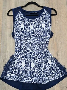 Geometrisches Top Damen groß ärmellos blau Print Spitzenbesatz Bluse Tribal Paisley - Bild 1 von 8