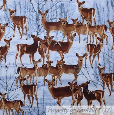 BonEful Fabric FQ Cotton Quilt White Brown Deer Tree Scenic Snow Winter Forest S - Image 1 of 4