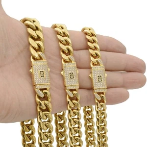 6-14MM  Stainless Steel  Gold Plated Miami Hip Hop Cuban Chain Or Bracelet F - Picture 1 of 20