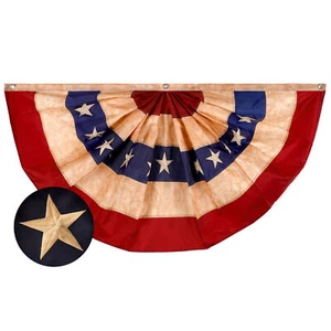USA Tea Stained Pleated Fan Flag 1.5x3FT Embroidered Polyester Stars and Stripes - Picture 1 of 7