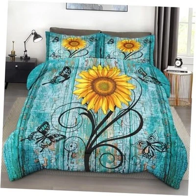 Comforter Set Size, Rustic Yellow Sunflower 3 Pcs Soft Full Sunflower Butterfly - Image 1 of 4