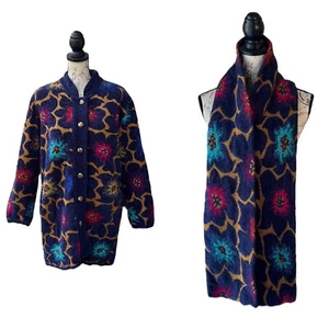 VINTAGE Di Cecilia mehrfarbig Blumen Lammwolle Pullover/Jacke gefüttert mit Schal M - Bild 1 von 14