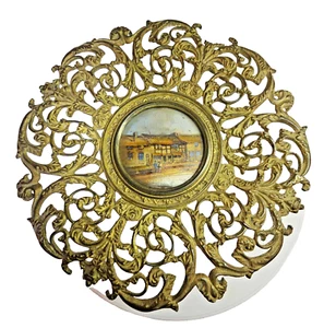 Antik Vintage Messing verziert Jugendstil Shakespeares Haus Tazza Kompott/Kuchen Tablett - Bild 1 von 11