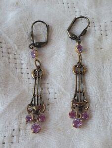 Antique Art Nouveau Dangle Earrings w/ Beautiful Amethyst Purple Crystals Czech