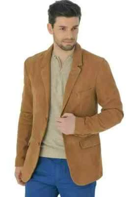 Stylish Men's Tan Suede Leather Blazer Genuine Soft Sheepskin Handmade Classy - Image 1 of 4