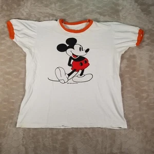 VTG 1970s 70s Disney Mickey Mouse White Graphic Ringer T Shirt Sz L - Picture 1 of 13
