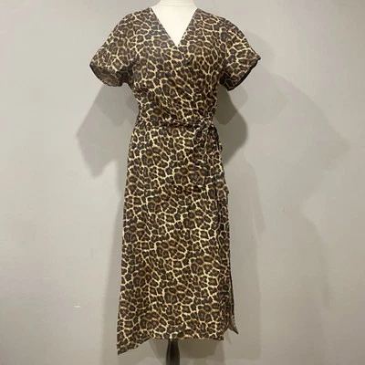 H&M Brown Leopard Wrap Midi Dress Size EUR44/US12/AU16 Crisp Cotton Blend - image 1 of 4