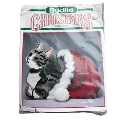 Bucilla Vintage Cat In Hat Doorstop  Christmas 8x10" plastic canvas kit NWT 1991 - Image 1 of 4