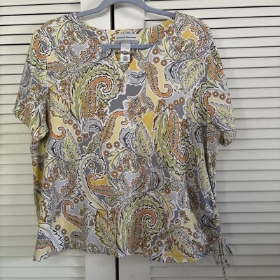 Alfred Dunner Top Women's PXL Beaded V Neck SS Yellow Gray Drawstring Side - Image 1 of 4