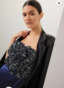 Badgley Mischka Navy Blue Rose Sequin Satin Sleeveless Cocktail Jumpsuit Size 8 - Picture 1 of 3