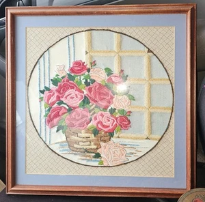 Sunset Stitchery "Rose Basket" Completed Embroidered Wall Art Vintage EUC - Picture 1 of 1
