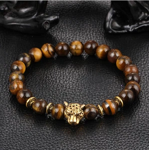 Fashion Men's Yellow Tiger Eye Gold Leopard Head Beaded Yogo Stretch Bracelet - Picture 1 of 7