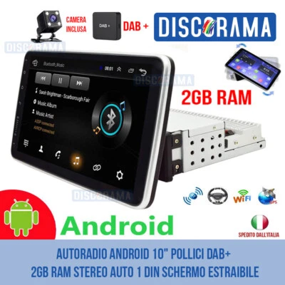 AUTORADIO ANDROID 10" POLLICI DAB+ 2GB RAM STEREO AUTO 1 DIN SCHERMO ESTRAIBILE - Immagine 1 di 4