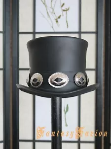 Rocker Black Leather Slash Style Top Hat Conchos band Replica Fans HIGH Top Hat - Picture 1 of 1