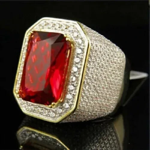 Anillo de compromiso para hombre enchapado en oro amarillo de 14 k rubí rojo simulado esmeralda de 5,21 quilates Foto 1 de 4