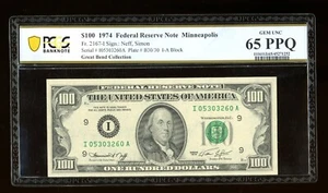 DBR 1974 $100 FRN Minneapolis Fr. 2167-I Gem PCGS-B 65 PPQ Serial I05303260A - Picture 1 of 2