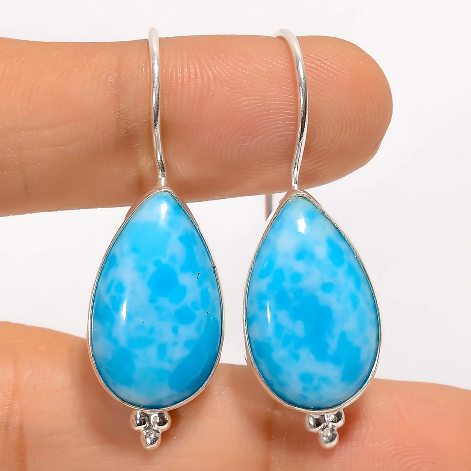 Pendientes de plata 925 con piedras preciosas naturales Larimar joyería de moda 1,5" ARE-4415 Foto 1 de 1