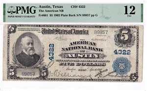 $5 1902 PB National AUSTIN Texas TX ๐บ๐ธ Highly Sought After ๐บ๐ธ PMG 12 Fine! - Picture 1 of 2