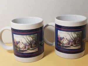2 THOMAS KINKADE Coffee Mugs MORNING GLORY COTTAGE 2003 10oz Ceramic Cups Pair - Picture 1 of 8