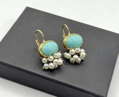 Vergoldete 925er Silber Ohrringe mit echtem Türkis Cabochon und Perlen￼ - Bild 1 von 4
