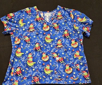 Peaches Uniforms Christmas Frog Women's Scrub Top Size 3XL - Image 1 of 4