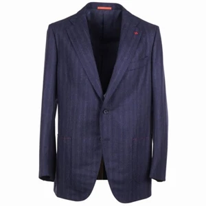 Isaia Extra-Slim Navy Blue Stripe Soft Brushed Flannel Wool Suit 46R (Eu 56) NWT - Picture 1 of 13