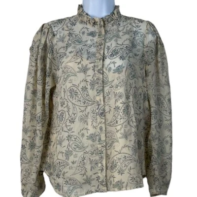 Joie Small Delancey Long Sleeve Silk Blouse Bleach Sand Cream Paisley High Neck - Image 1 of 4