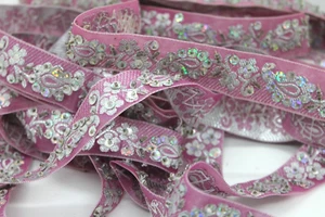 Pink chiffon Sari ribbon w/silver embroidery and sequins NEW 1.75 yd x 1" bridal - Picture 1 of 3