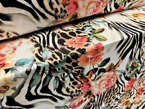Stretch Spandex Jersey Fabric, Per Metre - lily flower & animal fusion print - Picture 1 of 3